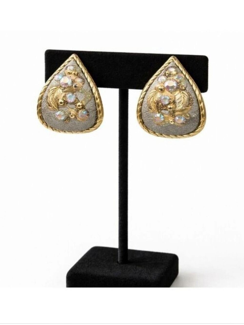 Vintage Gold Tone Teardrop Rhinestone Aurora Borealis Crystal Earrings